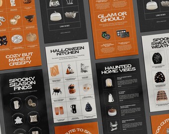 May include: A collection of Halloween-themed product displays on orange and black backgrounds. The displays showcase various items, including kitchenware, home decor, and apparel. Text includes "Halloween Kitchen", "Spooky Season Finds", and "Haunted Home Vibes".