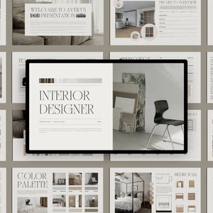 Plantilla de Canva para presentación de diseño de interiores, tablero de ideas para clientes de Canva para diseño de interiores, presentación de clientes de Canva para diseñadores de interiores