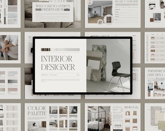Presentatiesjabloon interieurontwerp, Canva-moodboard interieurontwerp klant, klantenpresentatie Canva voor interieurontwerpers