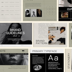 May include: Brand guidelines document with a black and white photo of a woman with long hair. The document includes sections for brand colors, typography, patterns, and a quote: "The future belongs to those who believe in the power of their dreams."