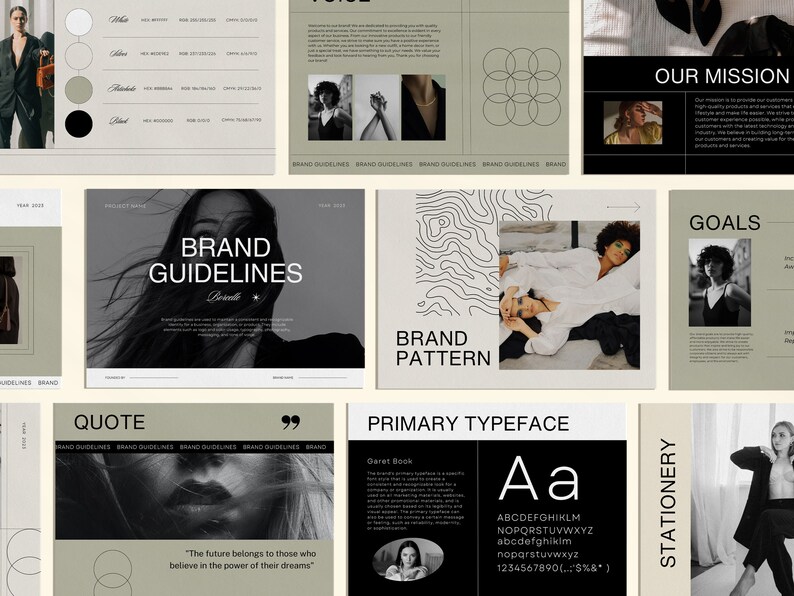 May include: Brand guidelines document with a black and white photo of a woman with long hair. The document includes sections for brand colors, typography, patterns, and a quote: "The future belongs to those who believe in the power of their dreams."