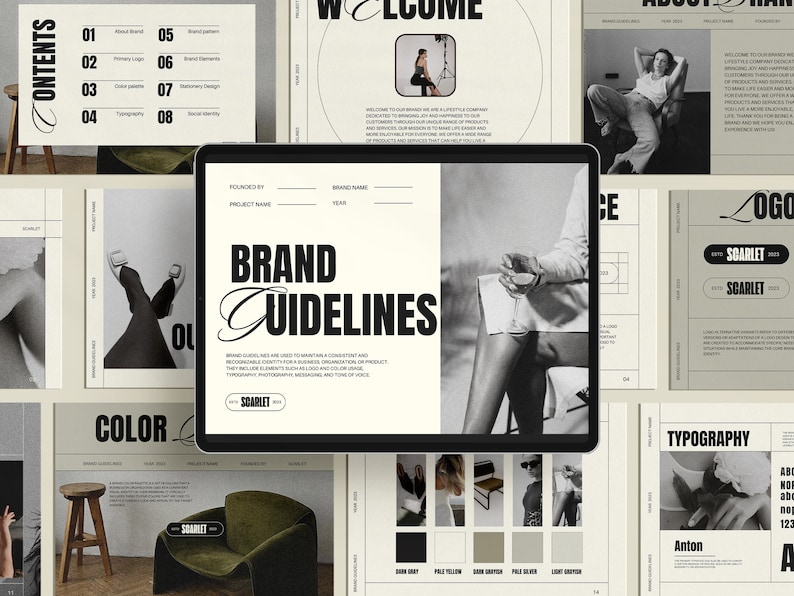 May include: A black and white brand guideline document with the title "Brand Guidelines" and the word "Scarlet" in a bold font. The document includes sections for color palette, typography, and logo.
