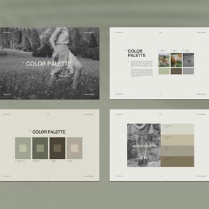 Op de afbeelding: Een kleurenpaletgids met vier kleurstalen. De kleuren zijn lichtgroen, donkergroen, bruin en lichtbeige. De tekst "COLOR PALETTE" staat bovenaan de pagina.
