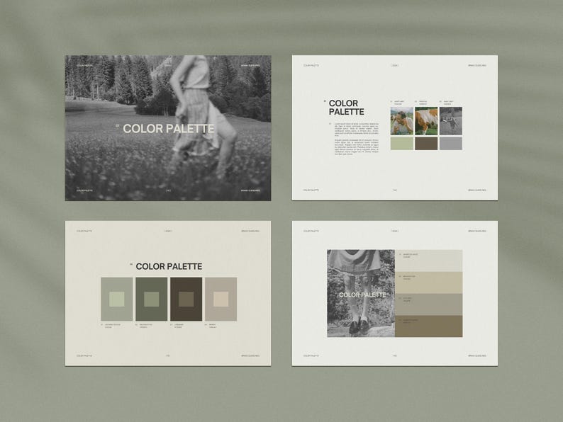 Op de afbeelding: Een kleurenpaletgids met vier kleurstalen. De kleuren zijn lichtgroen, donkergroen, bruin en lichtbeige. De tekst "COLOR PALETTE" staat bovenaan de pagina.