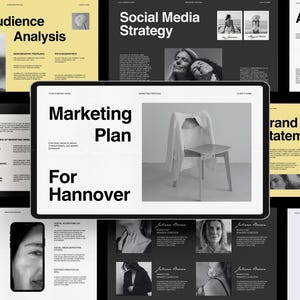 May include: A digital marketing plan presentation on a tablet, titled "Marketing Plan For Hannover." The presentation includes slides on target audience analysis, social media strategy, and brand positioning.