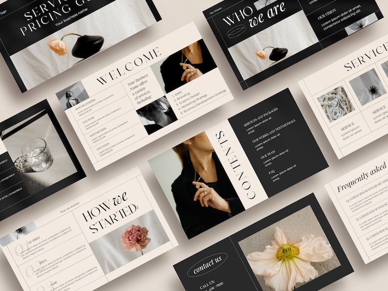 Editable 26-page Canva template for creating professional services and pricing guides, featuring modern layouts for business brochures and client packets.