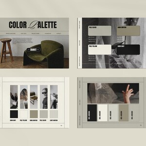 May include: A color palette guide with a green armchair, a wooden stool, and a hand reaching out from a white fabric. The color palette includes dark gray, pale yellow, dark brown, pale silver, and light brown.