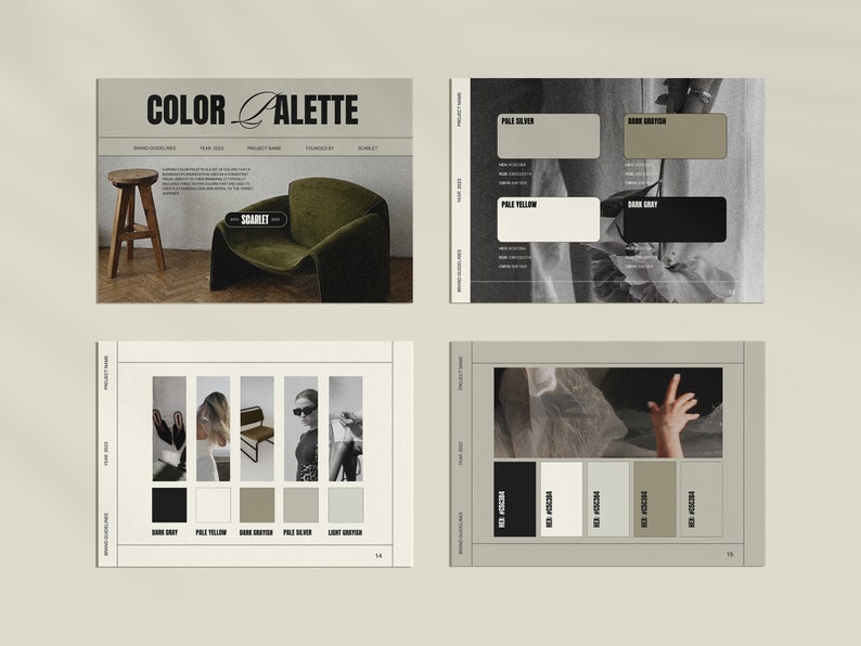 May include: A color palette guide with a green armchair, a wooden stool, and a hand reaching out from a white fabric. The color palette includes dark gray, pale yellow, dark brown, pale silver, and light brown.