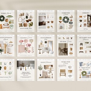 May include: A collage of 12 images showcasing home decor items, including wreaths, lamps, chairs, tables, and other accessories. The images are organised into categories such as "Summer", "Amazon Livingroom", "Valentine's Decor", "Easter Home Decor", and "Neutral Home Decor".