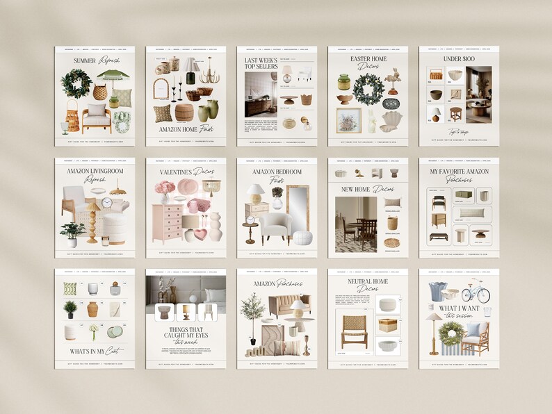 May include: A collage of 12 images showcasing home decor items, including wreaths, lamps, chairs, tables, and other accessories. The images are organised into categories such as "Summer", "Amazon Livingroom", "Valentine's Decor", "Easter Home Decor", and "Neutral Home Decor".