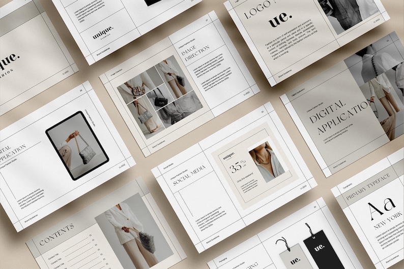 Brand guidelines Canva template with editable pages for logo usage, color palette, typography, brand pattern, and visual identity.