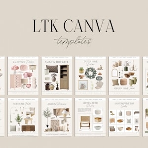 May include: Nine different Canva templates for social media featuring home decor items from Amazon. The templates include titles like "Amazon Livingroom Refresh", "Valentine's Decor", "Amazon This Week", "Easter Home Decor", "My Favourite Amazon Finds", "New Home Finds", "Amazon Purchases", "Neutral Home Decor", "Amazon Prime Day Sales", and "Amazon Spring Decor".