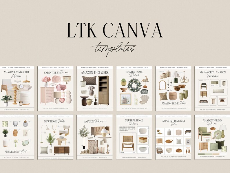 May include: Nine different Canva templates for social media featuring home decor items from Amazon. The templates include titles like "Amazon Livingroom Refresh", "Valentine's Decor", "Amazon This Week", "Easter Home Decor", "My Favourite Amazon Finds", "New Home Finds", "Amazon Purchases", "Neutral Home Decor", "Amazon Prime Day Sales", and "Amazon Spring Decor".