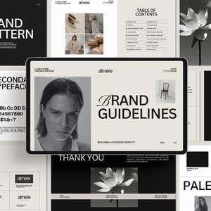 Puede incluir: Presentación digital de directrices de marca en una tableta, con un retrato de mujer, el texto «Brand Guidelines» y una ilustración de silla. Los elementos circundantes incluyen ejemplos de patrones de marca, una tabla de contenido y una paleta de colores.