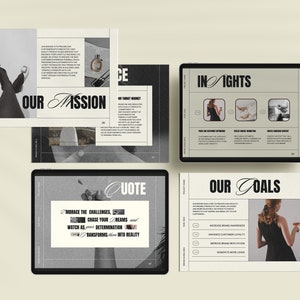 May include: A digital presentation with the words "Our Mission", "Insights", "Quote", and "Our Goals" in a black and white color scheme. The presentation includes images of a woman's legs, a woman holding a glass of wine, and a woman holding a pair of shoes.