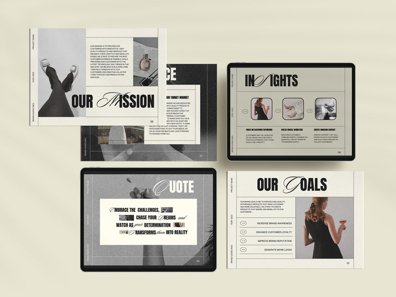 May include: A digital presentation with the words "Our Mission", "Insights", "Quote", and "Our Goals" in a black and white color scheme. The presentation includes images of a woman's legs, a woman holding a glass of wine, and a woman holding a pair of shoes.