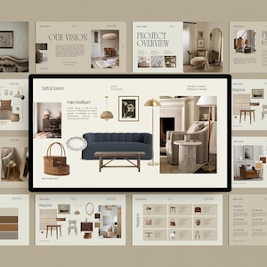 Modelo de apresentação de cliente de design de interiores Canva | Kit de quadro de humor editável, proposta de cliente e portfólio para designers de interiores