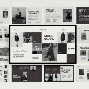 May include: A mood board for a brand called "almére" with black and white images of clothing, people, and text. The board is divided into a grid with the words "Mood Board" in the center.