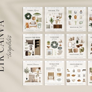 May include: A collage of 10 Instagram post templates featuring home decor items, with titles such as "Summer Refresh", "New Home Finds", "Amazon This Week", "Easter Home Decor", "What's In My Cart", "Amazon Home Finds", "Amazon Livingroom Refresh", "My Favourite Amazon Purchases", "Neutral Home Decor", "Amazon Prime Day Sales", and "Amazon Spring Decor".