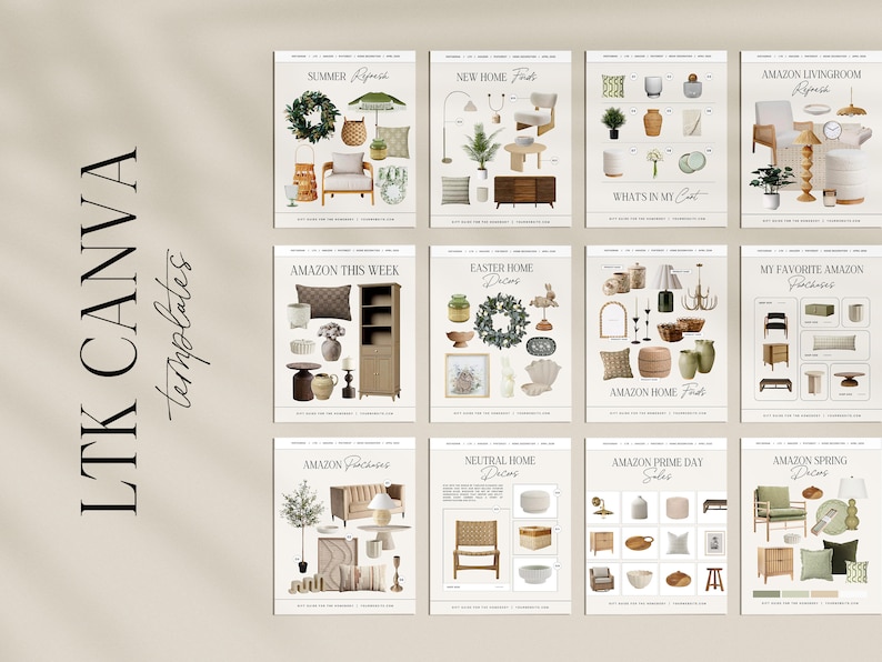 May include: A collage of 10 Instagram post templates featuring home decor items, with titles such as "Summer Refresh", "New Home Finds", "Amazon This Week", "Easter Home Decor", "What's In My Cart", "Amazon Home Finds", "Amazon Livingroom Refresh", "My Favourite Amazon Purchases", "Neutral Home Decor", "Amazon Prime Day Sales", and "Amazon Spring Decor".