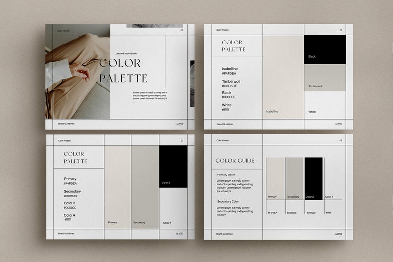 Canva brandbook template for designers and businesses with modern layouts for brand identity, typography, colors, and logo applications.