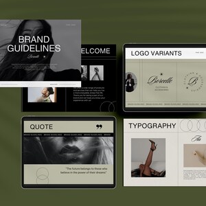 May include: A digital brand guideline document with a black and white photo of a woman on the cover. The document includes sections for brand guidelines, logo variants, typography, and a quote. The quote reads "The future belongs to those who believe in the power of their dreams."
