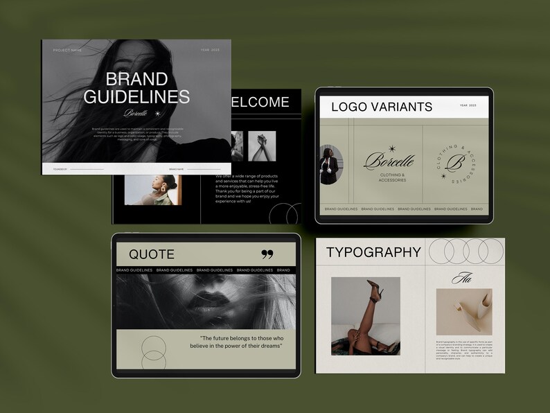 May include: A digital brand guideline document with a black and white photo of a woman on the cover. The document includes sections for brand guidelines, logo variants, typography, and a quote. The quote reads "The future belongs to those who believe in the power of their dreams."