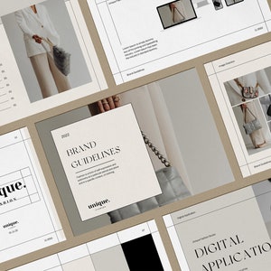 May include: A brand guideline document with a gray and white color scheme. The document includes a logo for "unique. fashion" and a section titled "Brand Guidelines".