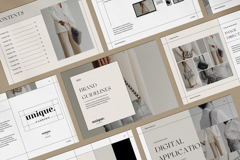 May include: A brand guideline document with a gray and white color scheme. The document includes a logo for "unique. fashion" and a section titled "Brand Guidelines".