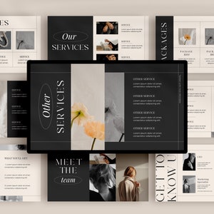 May include: A presentation slide deck with a black and white color scheme. The slides feature text about services and packages, along with images of flowers and people. The text on the slides includes "Our Services", "Other Services", "Meet the Team", "Get to Know Us", "Exclusive Package", "What You'll Get", and "Packages".