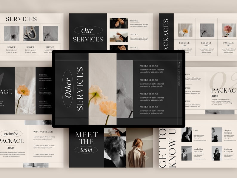 May include: A presentation slide deck with a black and white color scheme. The slides feature text about services and packages, along with images of flowers and people. The text on the slides includes "Our Services", "Other Services", "Meet the Team", "Get to Know Us", "Exclusive Package", "What You'll Get", and "Packages".