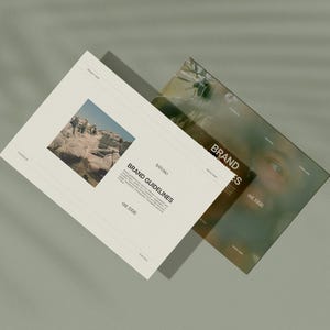 Op de afbeelding: Een wit document met de tekst "Brand Guidelines" en een foto van een rotsachtig landschap. Het document ligt bovenop een tweede document met de tekst "Brand Values" en een wazige foto van een gezicht.