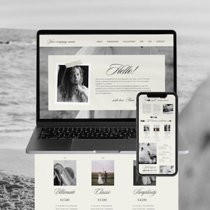 May include: A website for a wedding photographer showcasing different photography packages. The website features a black and white image of a couple on their wedding day, along with text describing the different packages and their prices. The packages are called "Ultimate", "Classic", and "Simplicity".