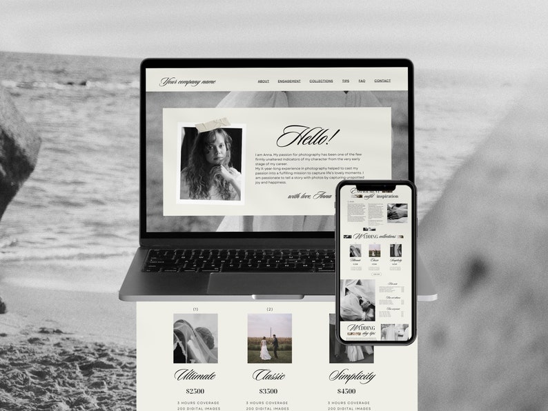 May include: A website for a wedding photographer showcasing different photography packages. The website features a black and white image of a couple on their wedding day, along with text describing the different packages and their prices. The packages are called "Ultimate", "Classic", and "Simplicity".