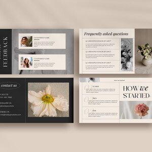 May include: Four cards with a black and white design. The cards feature images of flowers, customer testimonials, and a contact us section. The text on the cards includes "client feedback", "frequently asked questions", "how we started", and "contact us".