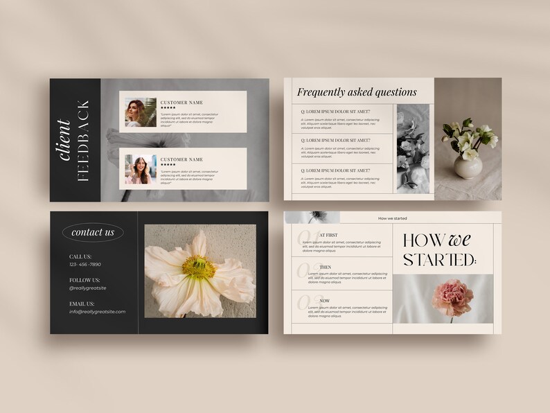 May include: Four cards with a black and white design. The cards feature images of flowers, customer testimonials, and a contact us section. The text on the cards includes "client feedback", "frequently asked questions", "how we started", and "contact us".