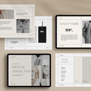 May include: A brand guide for a fashion company called "unique." The guide includes information about the brand, logo, color palette, and digital application. The logo is a black square with the letters "ue." in white. The color palette includes a light gray, a darker gray, and black.
