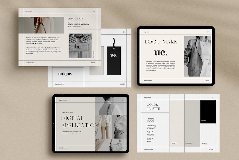 May include: A brand guide for a fashion company called "unique." The guide includes information about the brand, logo, color palette, and digital application. The logo is a black square with the letters "ue." in white. The color palette includes a light gray, a darker gray, and black.