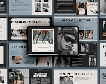 Plantilla de Canva para portafolio de diseñador de moda de 20 páginas / Presentación editable para lookbooks, biografías, proyectos de clientes y casos prácticos