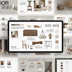 Modelo de apresentação de design de interiores Canva, quadro de humor do guia do cliente do designer de interiores, modelo de guia do cliente Canva de design de interiores