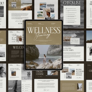 Könnte beinhalten: Ein digitales Tablet zeigt einen Online-Kurs zum Thema Wellness-Reise mit braunem Hintergrund und einem Foto einer Frau, die auf Felsen am Meer steht. Der Text auf dem Tablet lautet "Wellness Journey" und "Online Course".