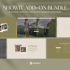 May include: The image showcases a Showit Add-On Bundle with six unique website layouts. The design features a neutral color palette with images and text overlays. The text includes "Where style becomes story" and "More than a look, it's a language."