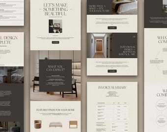編集可能なFlodeskメールテンプレート5選｜インテリアデザインのウェルカムメールとムードボードメール｜Canvaグラフィックを使ったカスタマイズ可能なクライアントメールキット