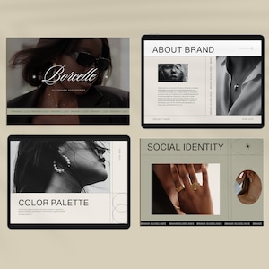 May include: A black and white image of a woman wearing a necklace, earrings, and a ring. The image is part of a brand identity guide for a jewelry company called "Borcelle". The guide includes information about the brand's color palette and social media identity.