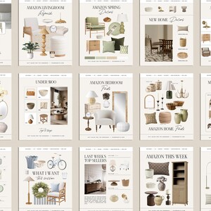May include: A collage of nine Instagram-style images showcasing home decor items from Amazon. The images are arranged in a 3x3 grid and feature a range of items, including furniture, lighting, and home accessories. The images all use a neutral colour palette and have a minimalist aesthetic. The text on the images includes phrases such as "Amazon Livingroom Refresh", "Amazon Spring Decor", "Amazon Prime Day Sales", "Organic Modern", "Under &pound;100", "Amazon Bedroom Finds", "My Favourite Amazon Purchases", "Last Week's Top Sellers", "Amazon This Week", "What I Want This Season", "What's In My Cart", and "New Home Finds".