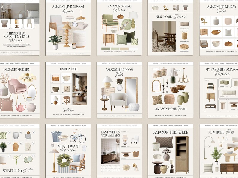 May include: A collage of nine Instagram-style images showcasing home decor items from Amazon. The images are arranged in a 3x3 grid and feature a range of items, including furniture, lighting, and home accessories. The images all use a neutral colour palette and have a minimalist aesthetic. The text on the images includes phrases such as "Amazon Livingroom Refresh", "Amazon Spring Decor", "Amazon Prime Day Sales", "Organic Modern", "Under &pound;100", "Amazon Bedroom Finds", "My Favourite Amazon Purchases", "Last Week's Top Sellers", "Amazon This Week", "What I Want This Season", "What's In My Cart", and "New Home Finds".