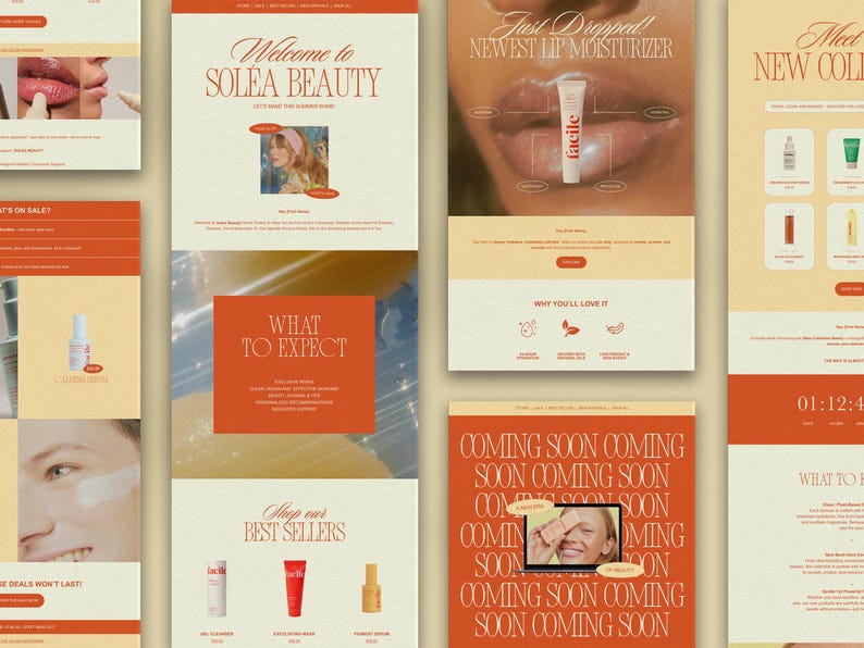 以下が含まれることがあります： 美容ブランド「ソレアビューティー」のウェブサイトのホームページです。ウェブサイトには、リップモイスチャライザー、美容液、その他の美容製品など、さまざまな製品が掲載されています。ウェブサイトには、ブランドから期待できることや、ベストセラーに関するセクションも掲載されています。ウェブサイトは、高品質な画像とクリーンなタイポグラフィーに焦点を当て、モダンでミニマルなスタイルでデザインされています。