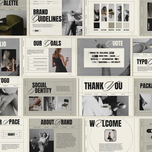 May include: A brand guide with a beige background and black text. The guide includes sections for color palette, brand guidelines, portfolio, our goals, quote, typography, primary logo, social identity, thank you, packaging, clear pace, about brand, welcome, and logo variations. The guide features a black and white photo of a woman with a glass of wine, a black and white photo of a chair, and a black and white photo of a woman with a hat.