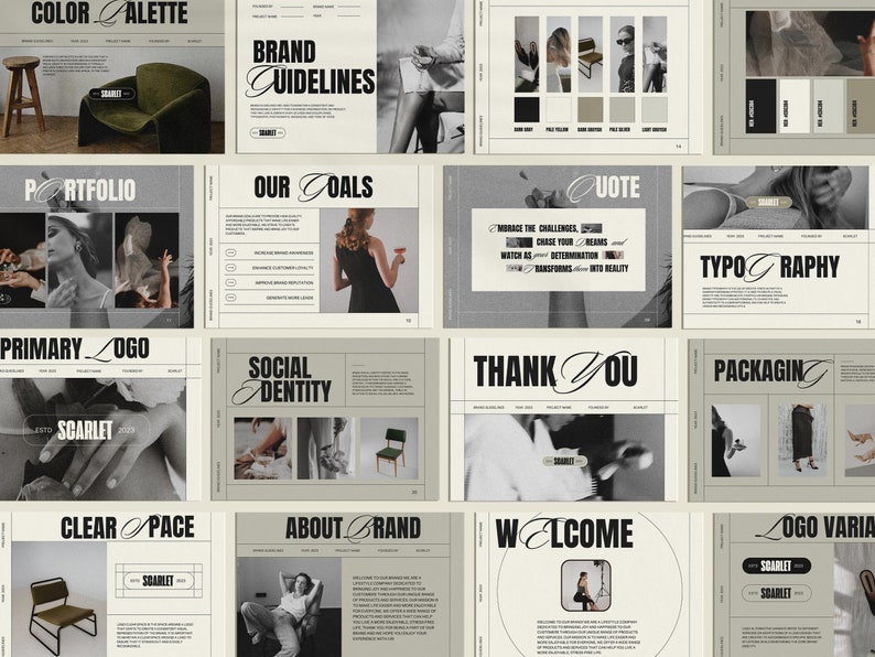 May include: A brand guide with a beige background and black text. The guide includes sections for color palette, brand guidelines, portfolio, our goals, quote, typography, primary logo, social identity, thank you, packaging, clear pace, about brand, welcome, and logo variations. The guide features a black and white photo of a woman with a glass of wine, a black and white photo of a chair, and a black and white photo of a woman with a hat.