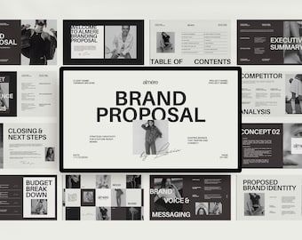 Modelo de apresentação de proposta de marca pré-escrita Canva, modelo de apresentação de taxa de proposta Canva, modelo de apresentação de quadro de humor de marca Canva